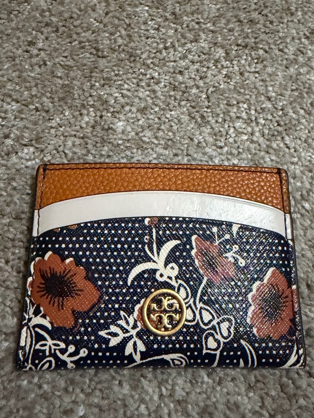 Tory Burch Card Holder – Navy Floral Print with Cognac Leather